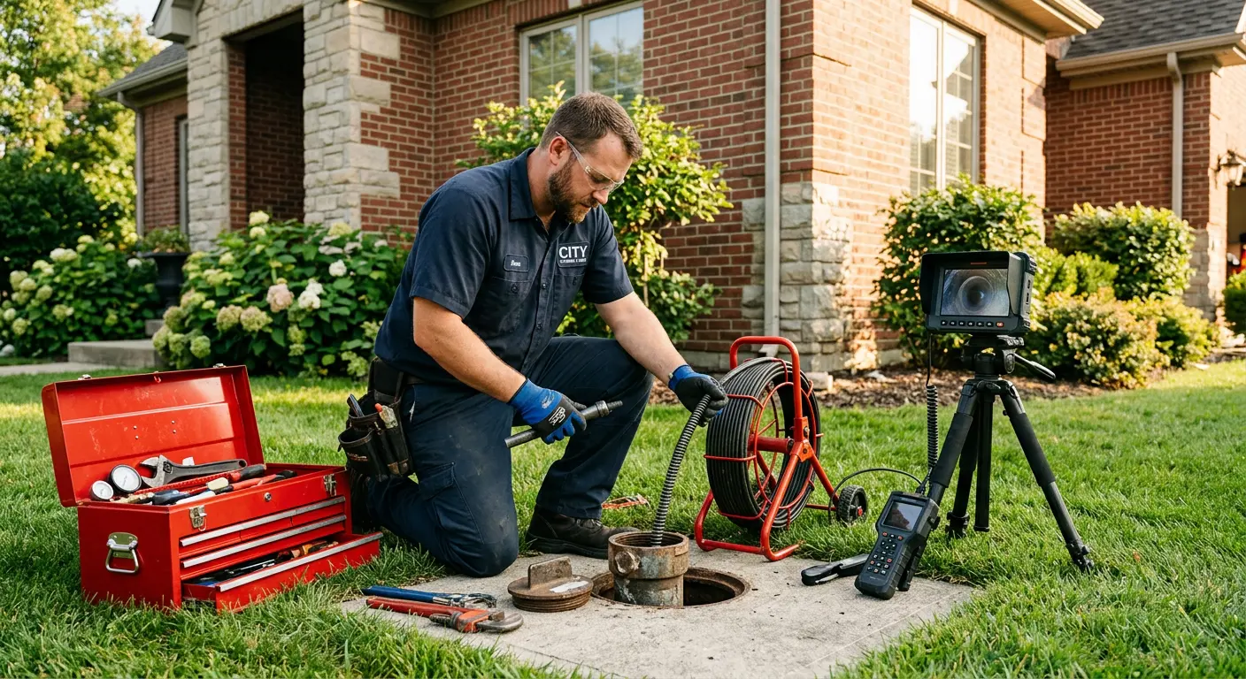 Sewer specialist with camera equipment servicing a cleanout in Middleton