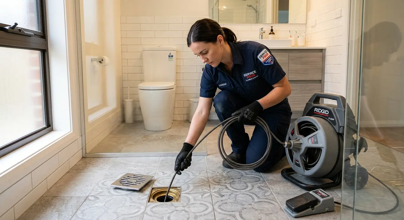 Technician clearing a bathroom floor drain for Drain Cleaning in Middleton